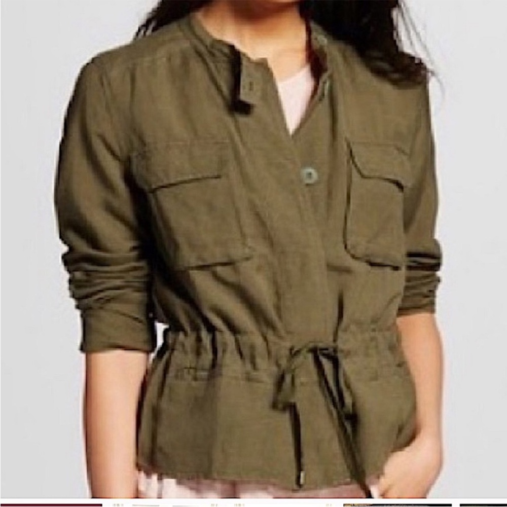 WHO WHAT WEAR Olive Green Linen Blend Lightweight Utility Jacket Medium